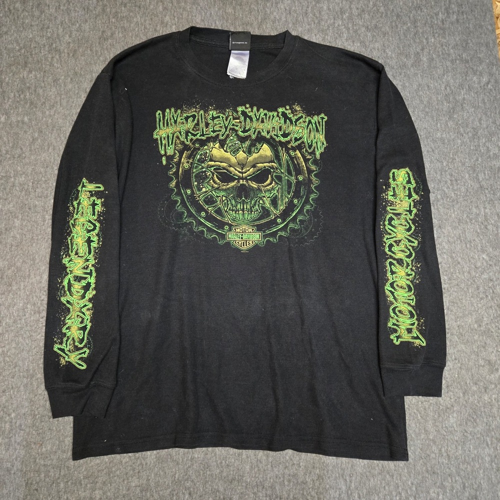 Vintage Harley-Davidson Long Sleeve T-Shirt Mens XL Black Green Skull Thermal